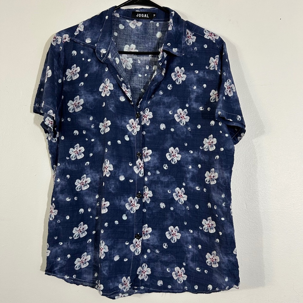 JOGAL Floral Print Button Up‎ Shirt Women's Medium Blue White Short Sleeve